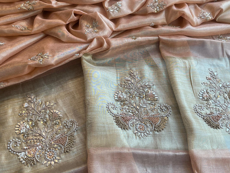 Tissue Linen Silk Banarasi Saree with Pearl & Resham Work