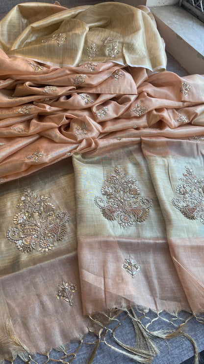 Tissue Linen Silk Banarasi Saree with Pearl & Resham Work