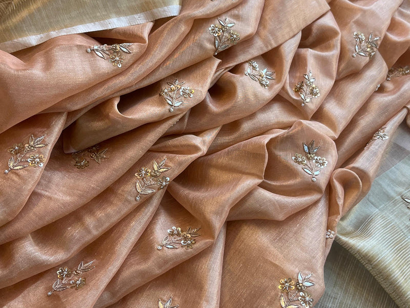 Tissue Linen Silk Banarasi Saree with Pearl & Resham Work