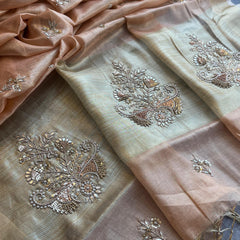 Tissue Linen Silk Banarasi Saree with Pearl & Resham Work