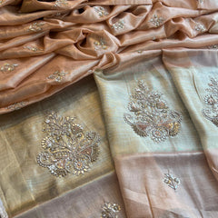Tissue Linen Silk Banarasi Saree with Pearl & Resham Work