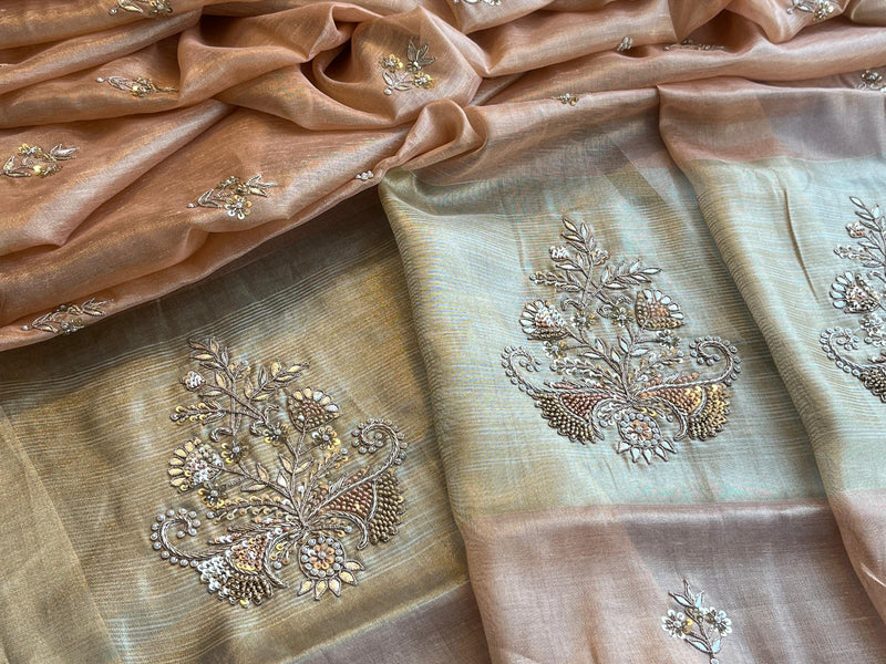 Tissue Linen Silk Banarasi Saree with Pearl & Resham Work