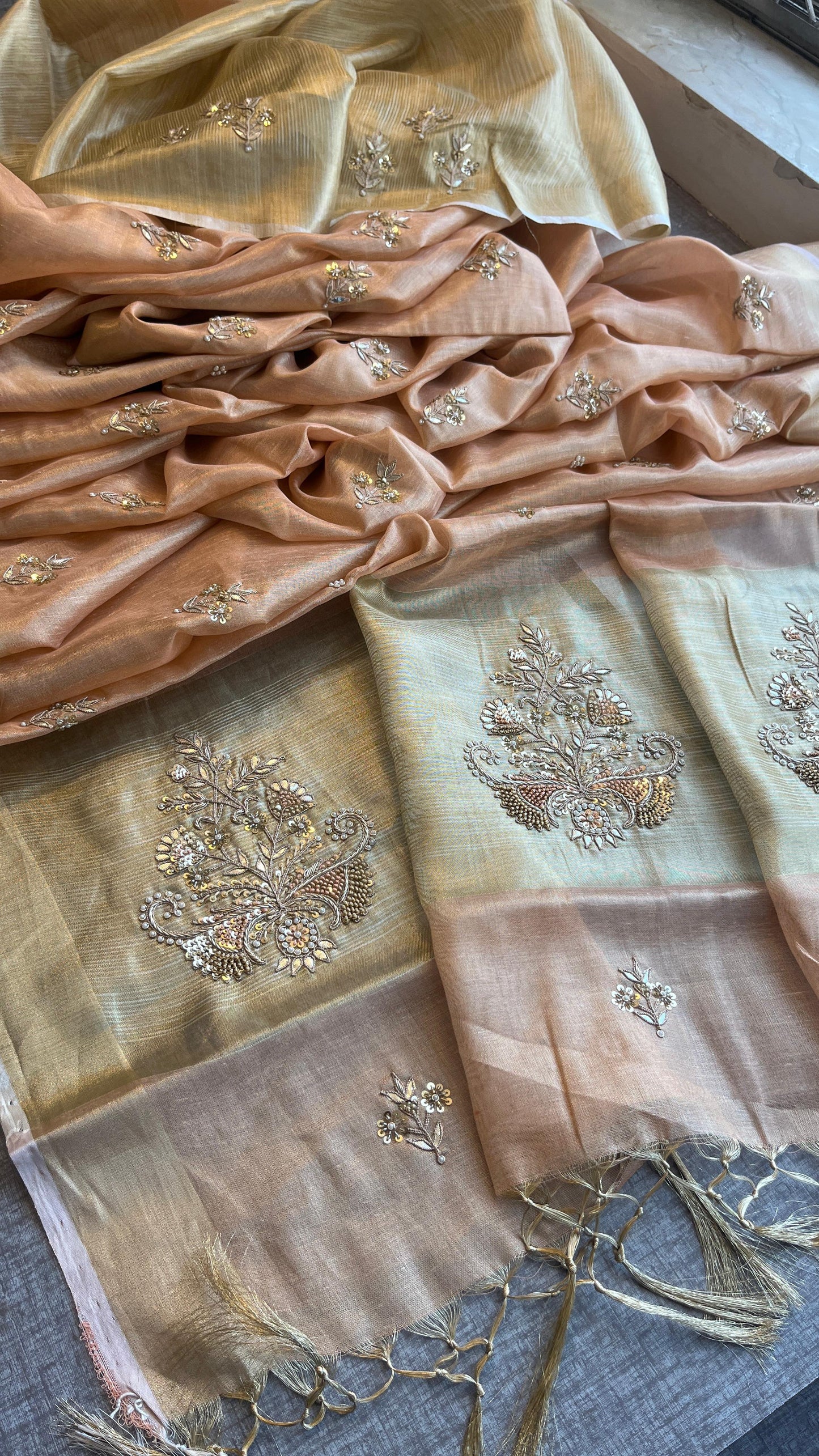 Tissue Linen Silk Banarasi Saree with Pearl & Resham Work
