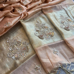 Tissue Linen Silk Banarasi Saree with Pearl & Resham Work