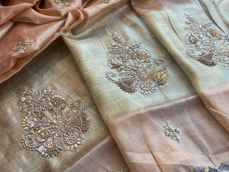 Tissue Linen Silk Banarasi Saree with Pearl & Resham Work