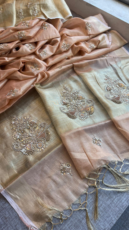Tissue Linen Silk Banarasi Saree with Pearl & Resham Work