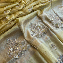 Tissue Linen Silk Banarasi Saree with Pearl & Resham Work