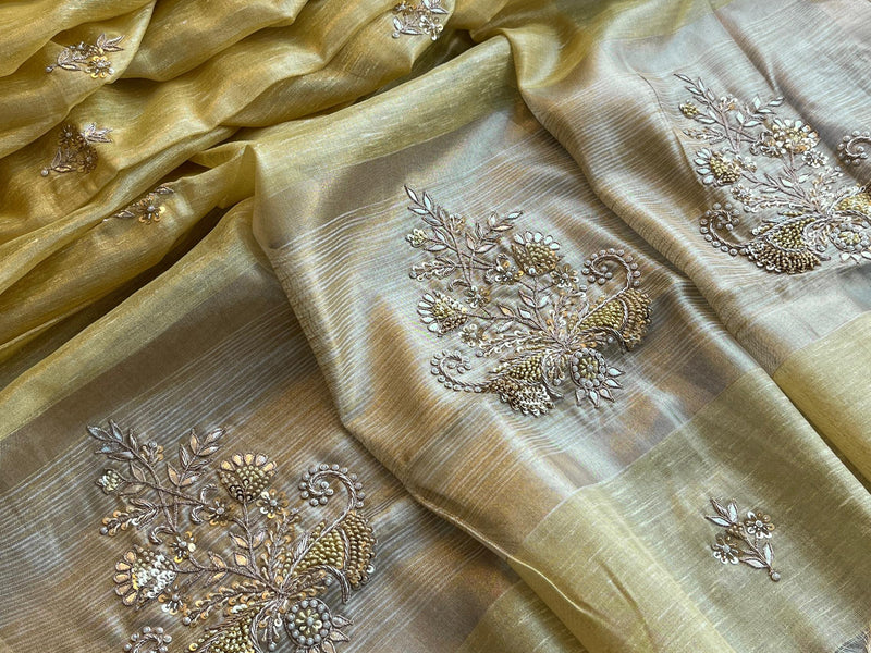 Tissue Linen Silk Banarasi Saree with Pearl & Resham Work