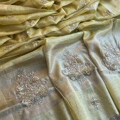 Tissue Linen Silk Banarasi Saree with Pearl & Resham Work