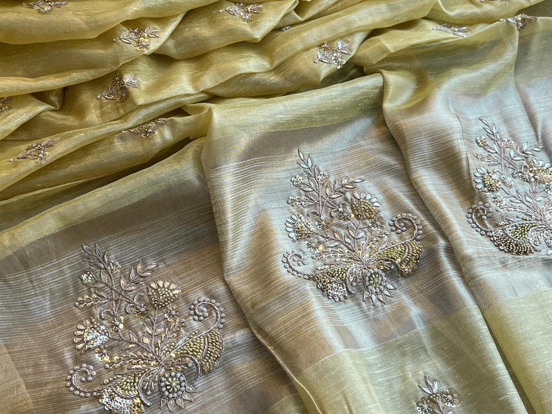 Tissue Linen Silk Banarasi Saree with Pearl & Resham Work