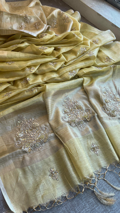 Tissue Linen Silk Banarasi Saree with Pearl & Resham Work