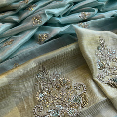 Tissue Linen Silk Banarasi Saree with Pearl & Resham Work