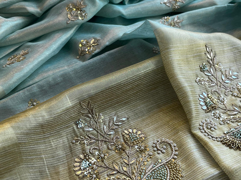 Tissue Linen Silk Banarasi Saree with Pearl & Resham Work