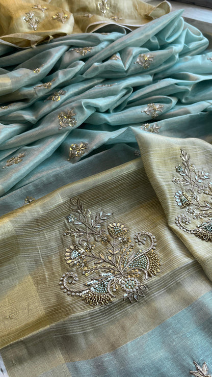 Tissue Linen Silk Banarasi Saree with Pearl & Resham Work