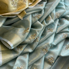 Tissue Linen Silk Banarasi Saree with Pearl & Resham Work