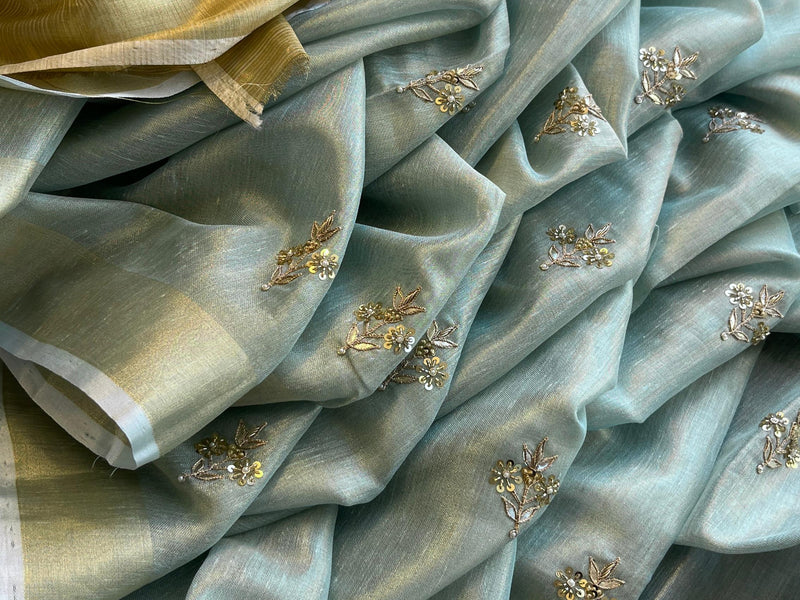 Tissue Linen Silk Banarasi Saree with Pearl & Resham Work