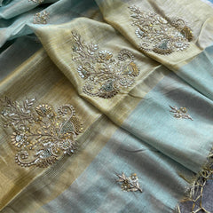 Tissue Linen Silk Banarasi Saree with Pearl & Resham Work