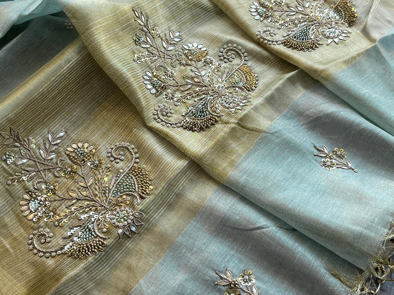 Tissue Linen Silk Banarasi Saree with Pearl & Resham Work