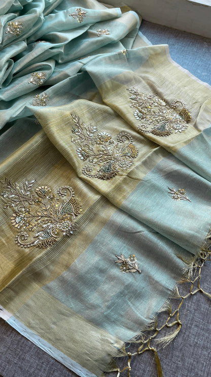 Tissue Linen Silk Banarasi Saree with Pearl & Resham Work