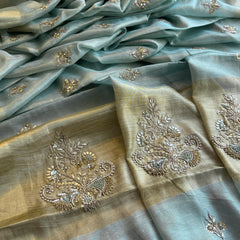 Tissue Linen Silk Banarasi Saree with Pearl & Resham Work