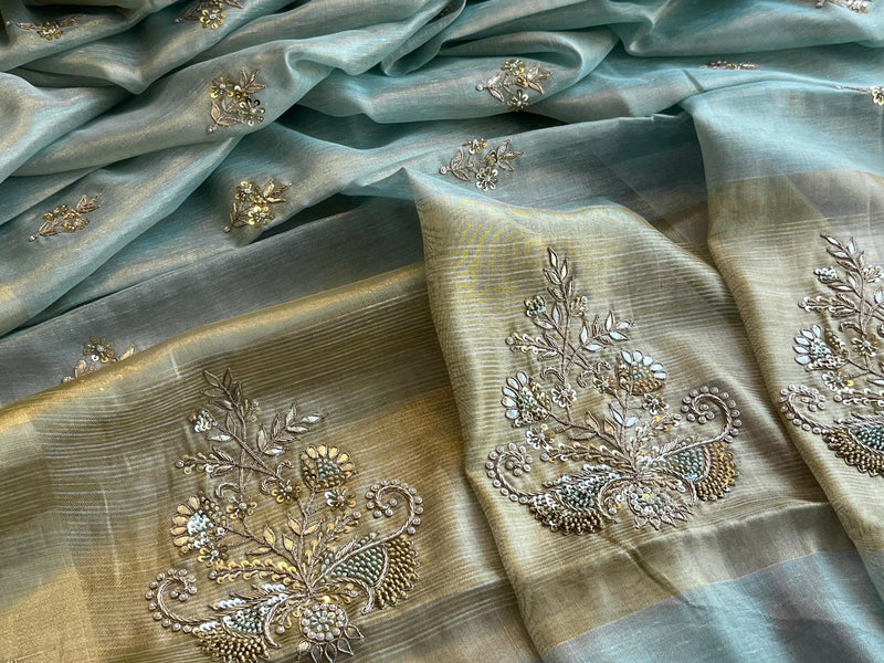 Tissue Linen Silk Banarasi Saree with Pearl & Resham Work