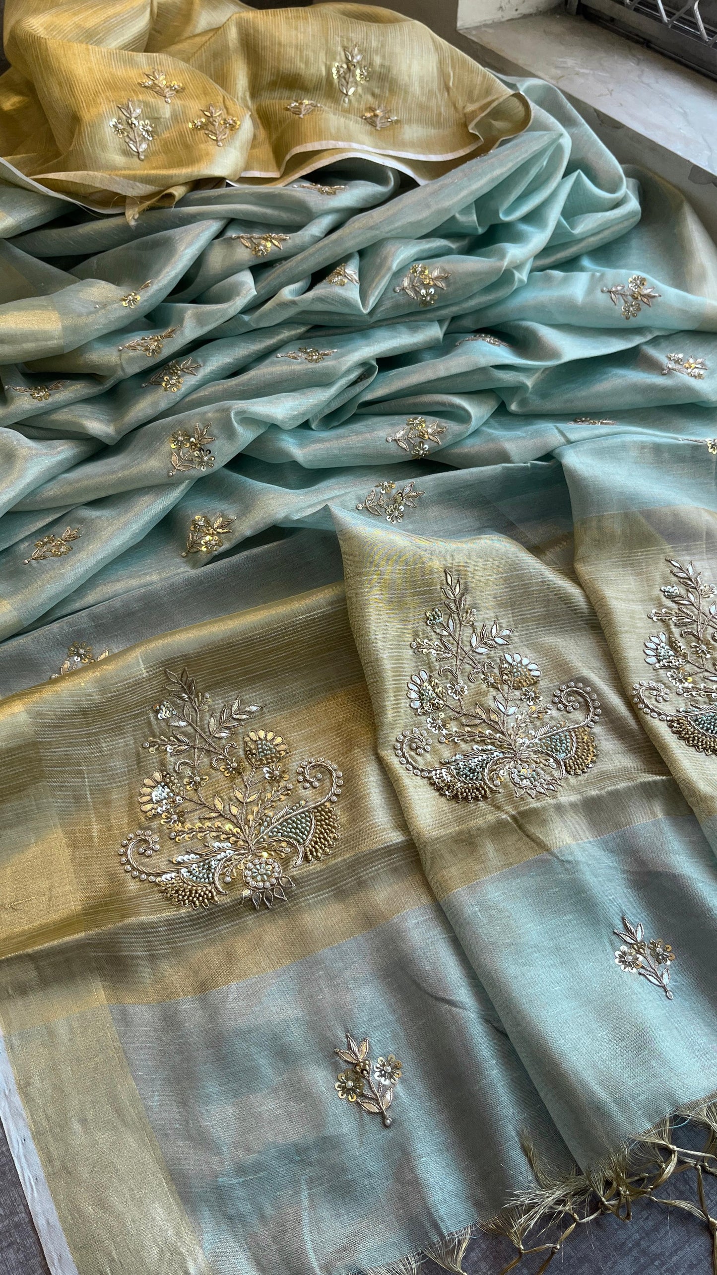 Tissue Linen Silk Banarasi Saree with Pearl & Resham Work