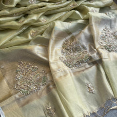 Tissue Linen Silk Banarasi Saree with Pearl & Resham Work