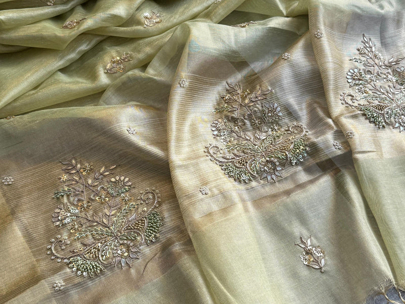 Tissue Linen Silk Banarasi Saree with Pearl & Resham Work