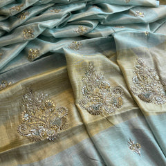 Tissue Linen Silk Banarasi Saree with Pearl & Resham Work