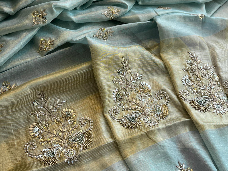 Tissue Linen Silk Banarasi Saree with Pearl & Resham Work