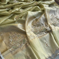 Tissue Linen Silk Banarasi Saree with Pearl & Resham Work