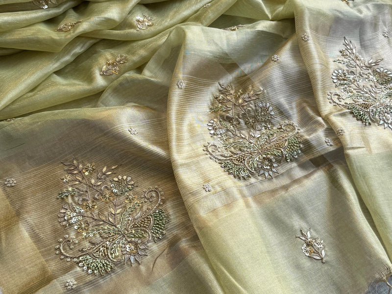 Tissue Linen Silk Banarasi Saree with Pearl & Resham Work