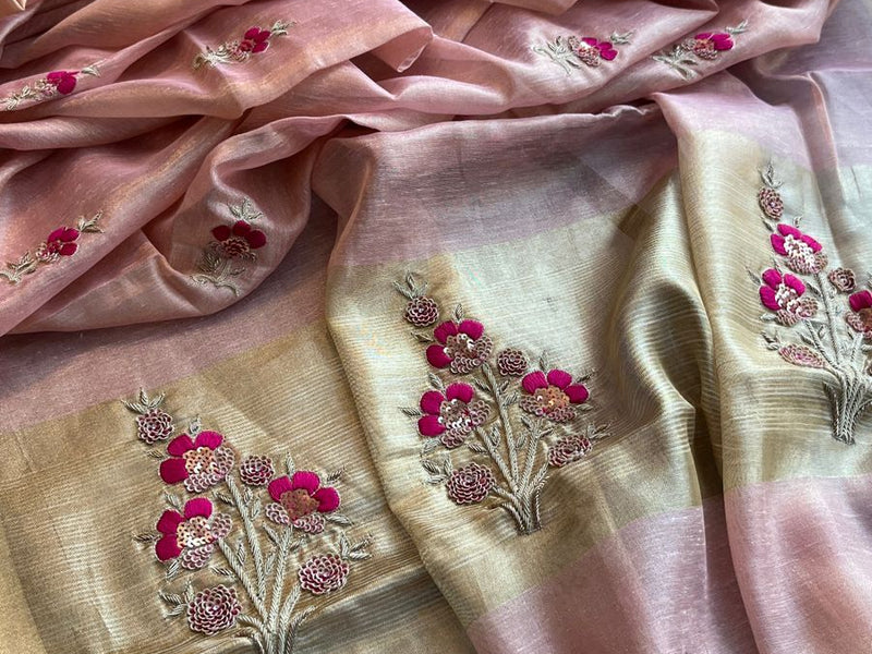 Banarasi Tissue Linen Silk Saree with Resham & Pearl Highlights