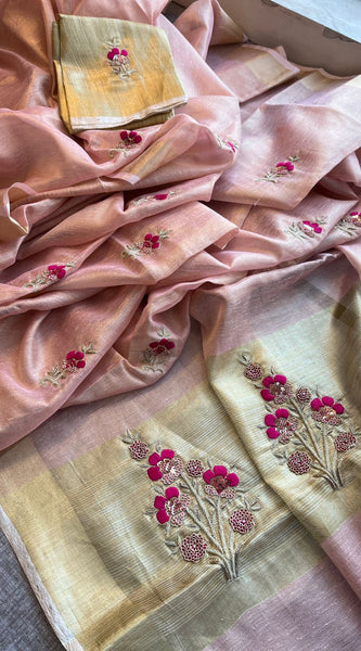 Banarasi Tissue Linen Silk Saree with Resham & Pearl Highlights