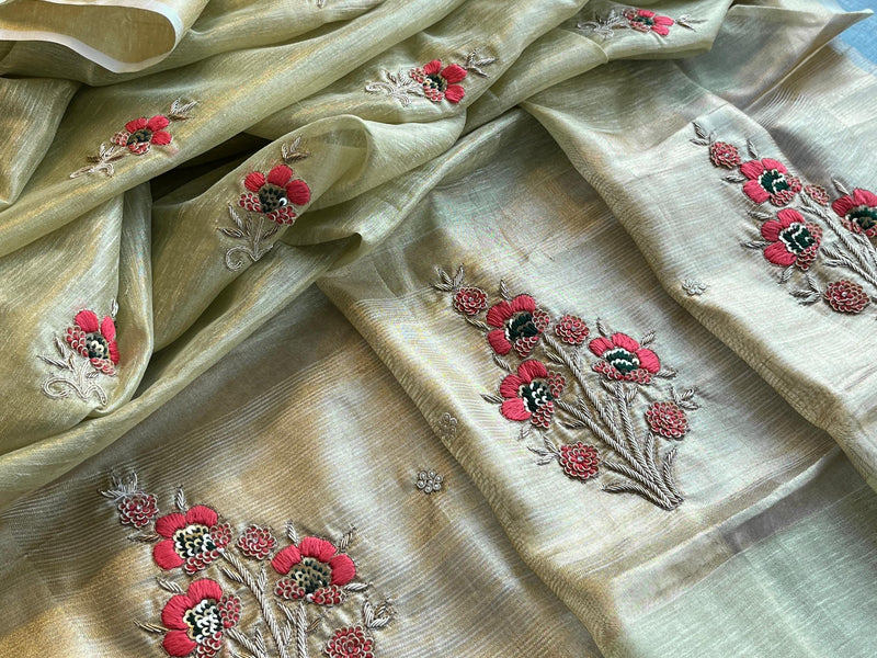 Banarasi Tissue Linen Silk Saree with Resham & Pearl Highlights