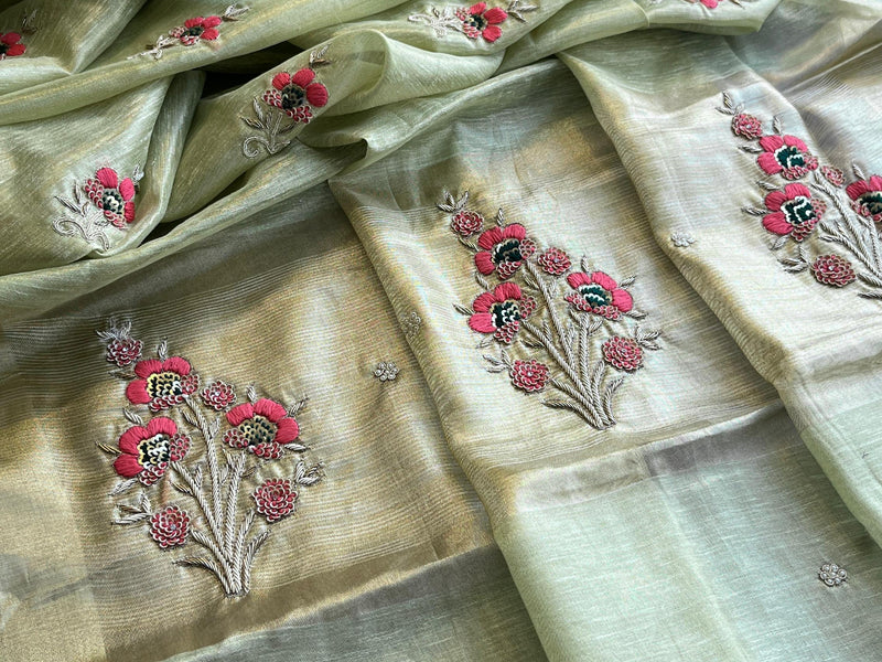 Banarasi Tissue Linen Silk Saree with Resham & Pearl Highlights
