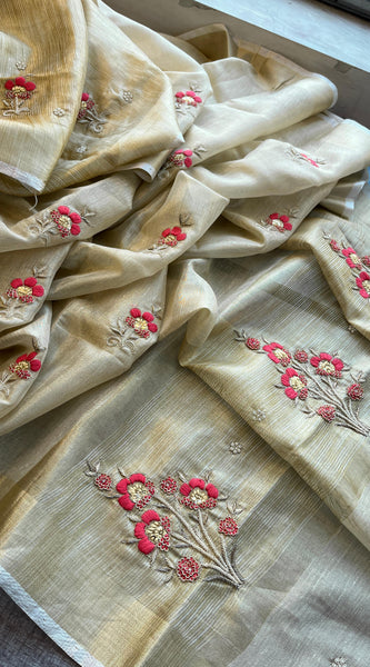 Banarasi Tissue Linen Silk Saree with Resham & Pearl Highlights