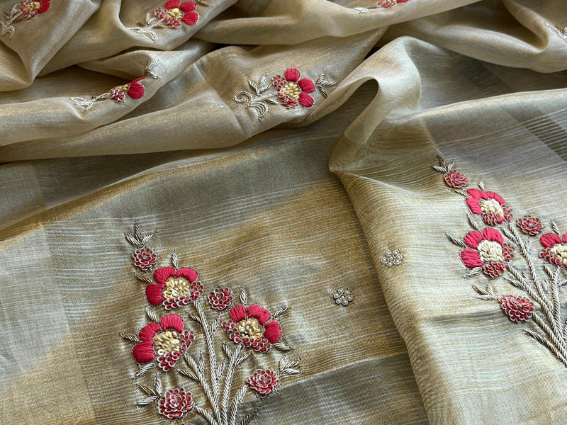 Banarasi Tissue Linen Silk Saree with Resham & Pearl Highlights