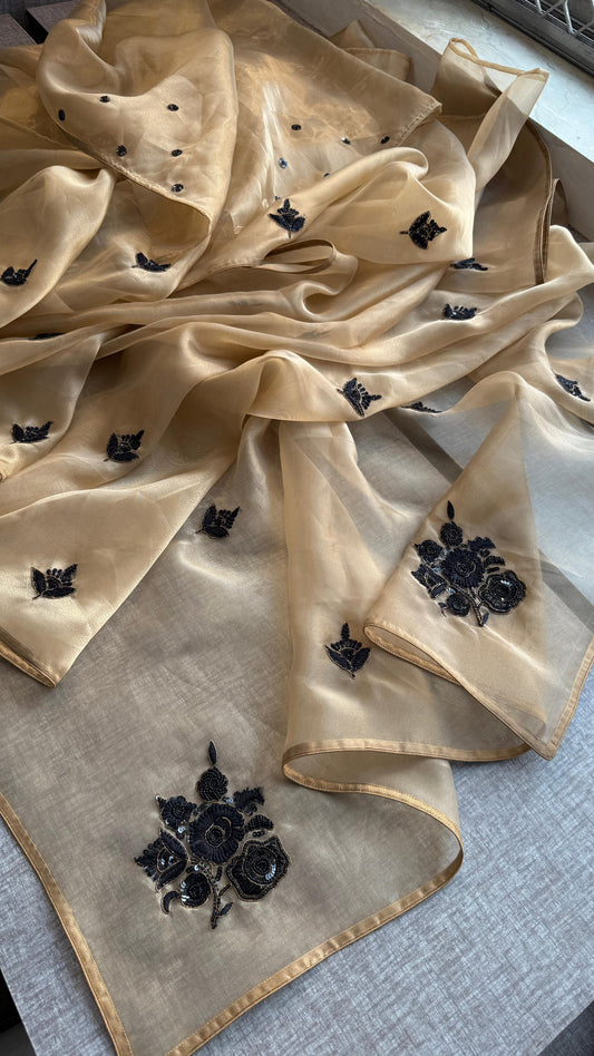 Organza Tissue Silk Saree with Zardozi & Kutdana Embroidery