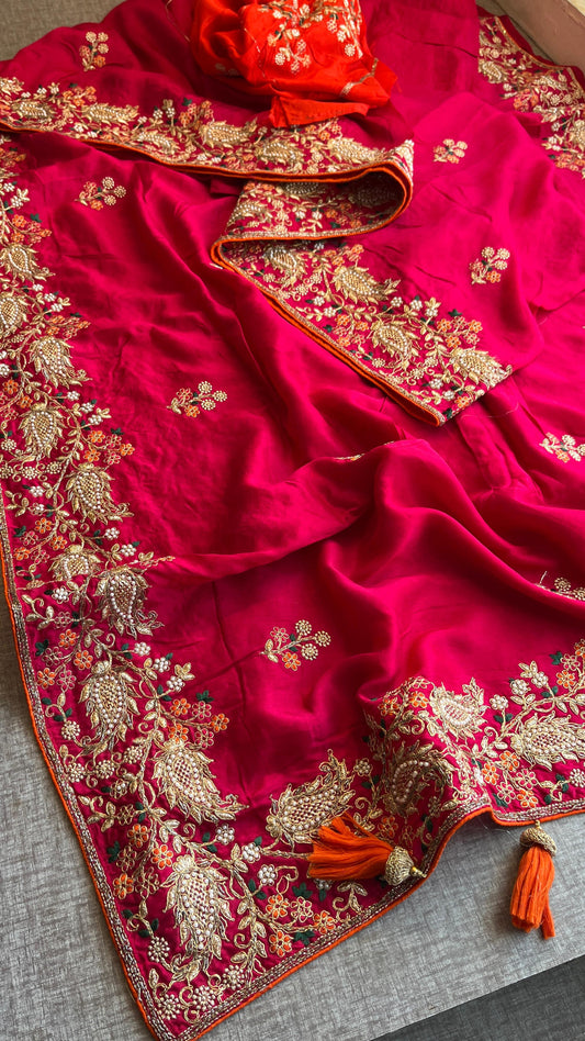 Munga Silk Saree with Zari, Resham & Pearl Embellishment