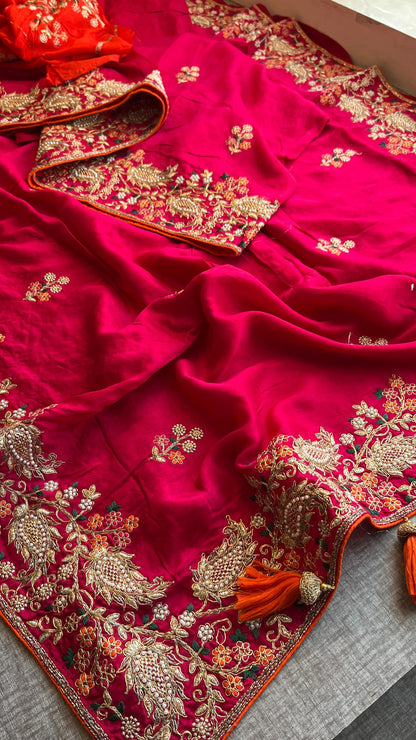 Munga Silk Saree with Zari, Resham & Pearl Embellishment