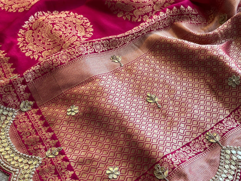 Munga Banarasi Silk Saree with Zardozi & Pearl Embroidery