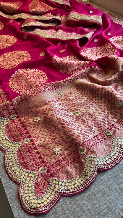 Munga Banarasi Silk Saree with Zardozi & Pearl Embroidery