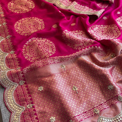 Munga Banarasi Silk Saree with Zardozi & Pearl Embroidery