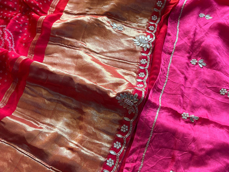 Gajji Bandhani Silk Banarasi Saree with Pearl & Gotapatti