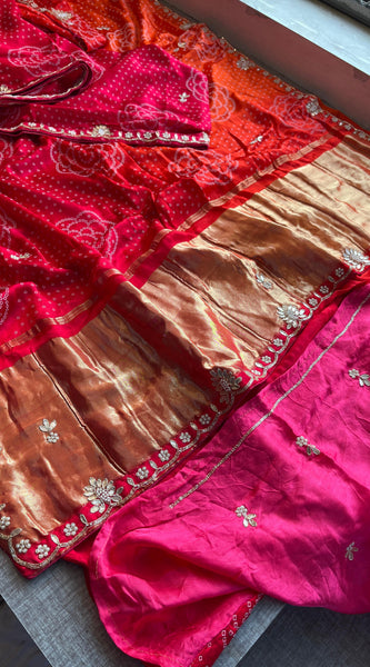 Gajji Bandhani Silk Banarasi Saree with Pearl & Gotapatti
