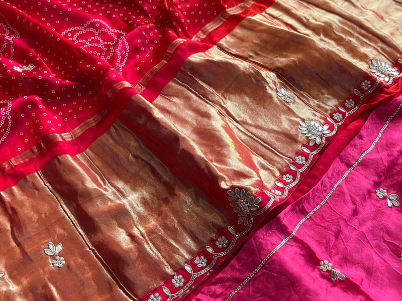 Gajji Bandhani Silk Banarasi Saree with Pearl & Gotapatti