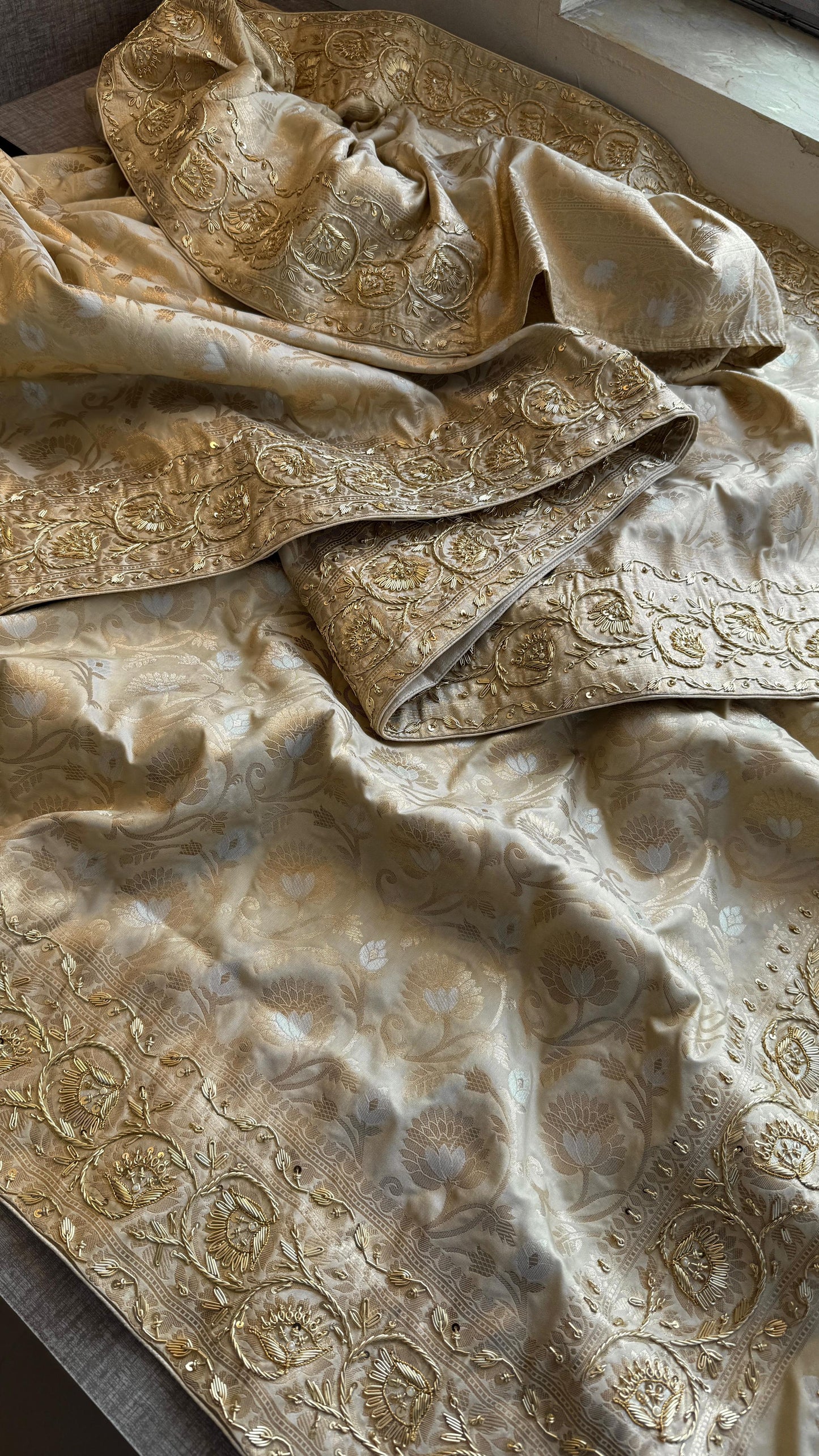 Munga Banarasi Silk Saree with Zardozi, Pearl & Sequins
