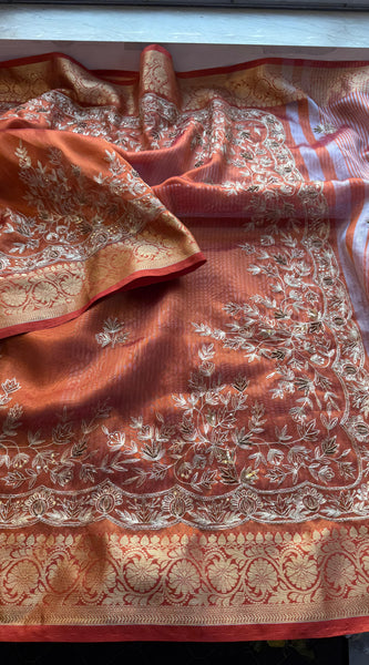 Tissue Handloom Banarasi Silk Saree with Kasab & Kutdana Work