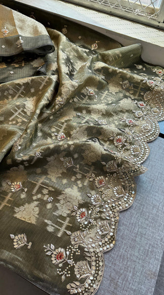 Soft Tissue Banarasi Silk Saree with Pearl & Gotapatti Embroidery